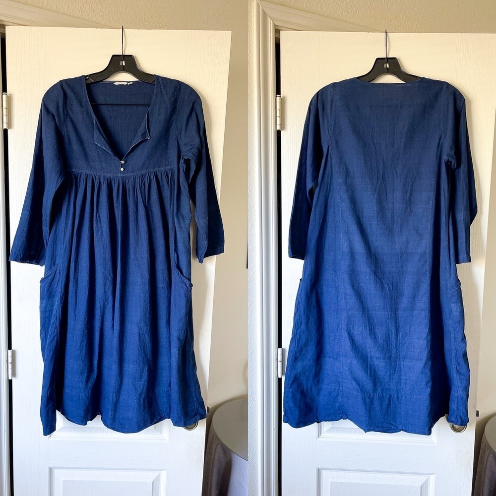 Injiri Cotton Slub V-Neck Knee Dress Buttoned Navy Blue 36 GUC